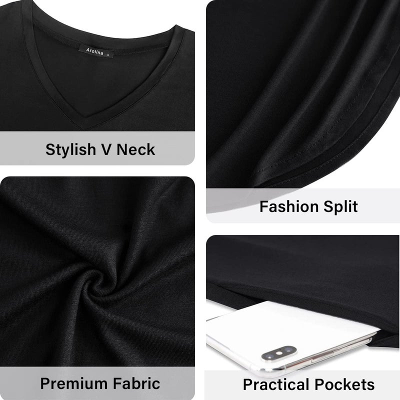 Arolina Women Summer Maxi Dress Short Sleeve V Neck Casual Loose Long Split Dresses Beach Vacation Sundress with Pockets Black - Image 5